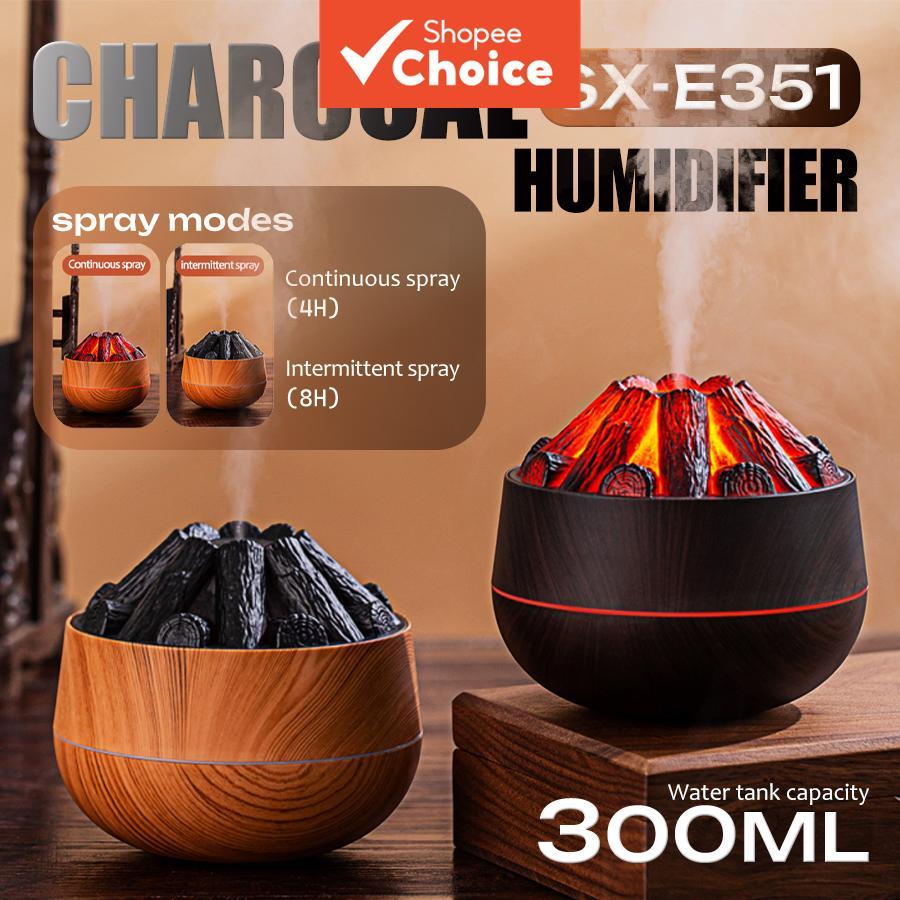 Novo Umidificador a Carvão USB Efeito de Chama, 300ml, Silencioso, Névoa Fina para Escritório e Casa – Purificador e