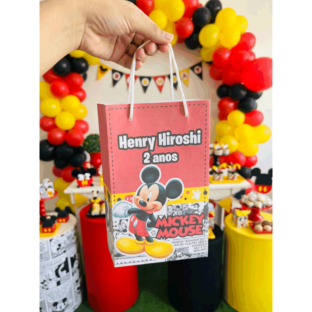 Sacolinha Personalizada com Nome e Idade - Tema Mickey - Lembrancinha Aniversário - Pegue e Monte