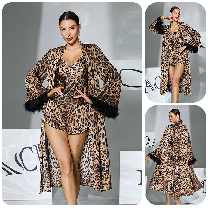 Conjunto De Camisola Feminina Com Estampa De Leopardo E Punhos Peludos , shorts Suspensores Para Agasalhos , Roupas Femi