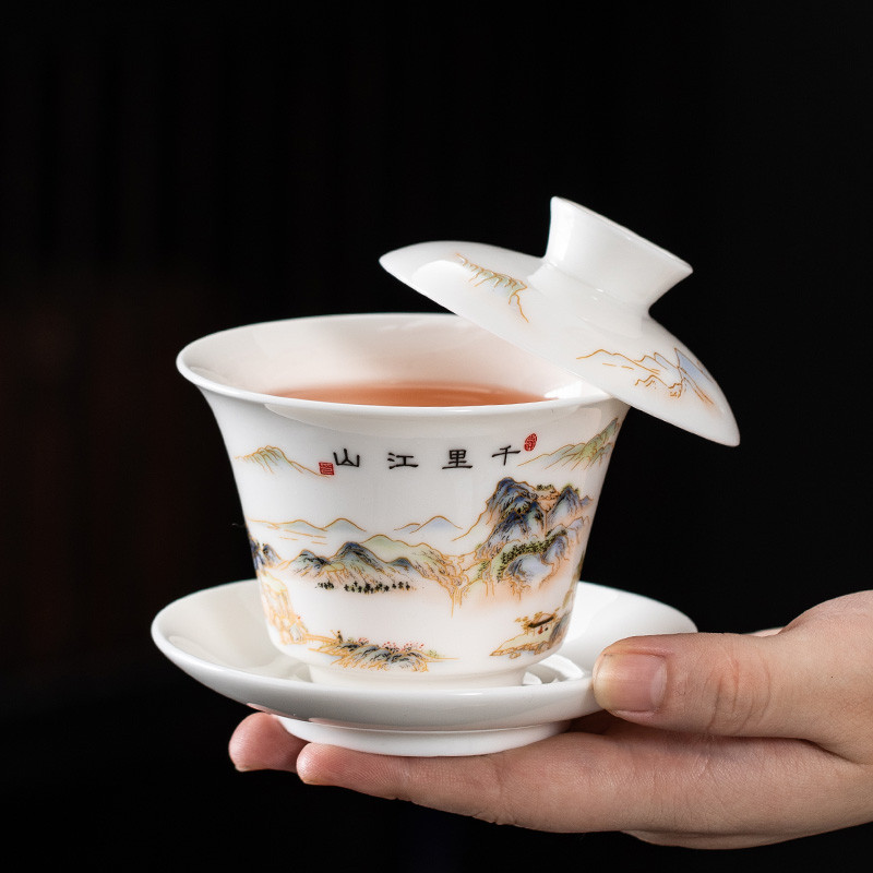 Pode suportar tampa tigela xícara de chá conjunto de chá único High-End sebo Jade porcelana branca Sancai com tampa tige