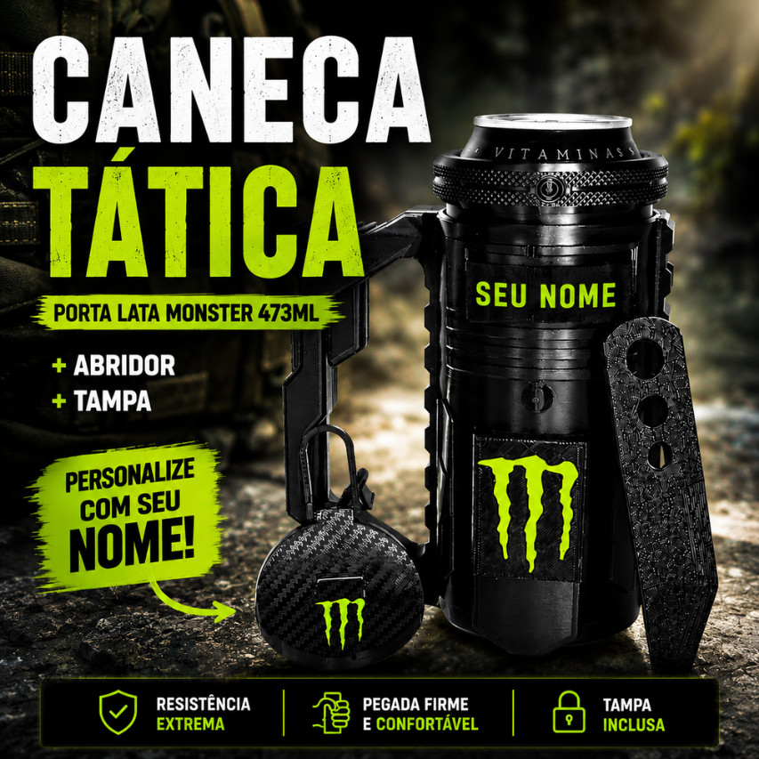 Caneca Porta Lata Tatica Monster Personalizado Exclusivo + Abridor + Tampa