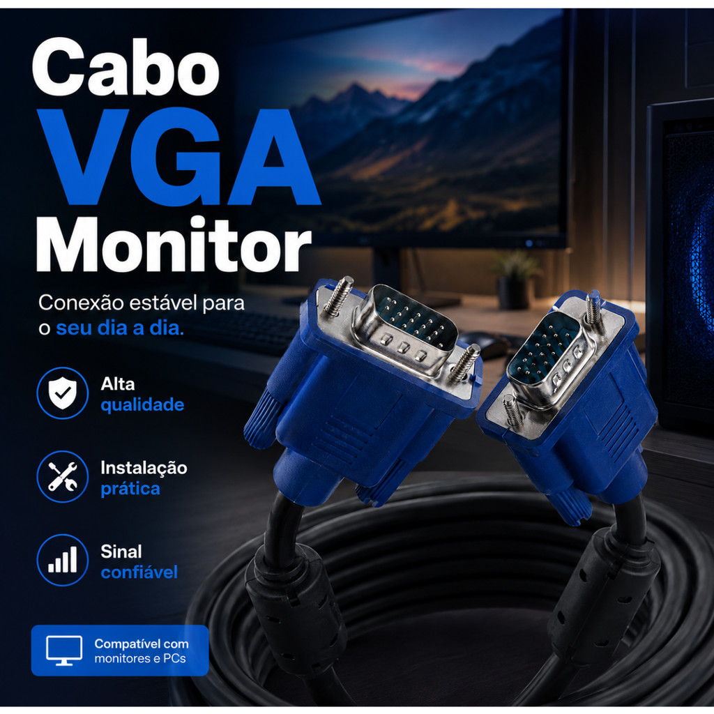 Cabo Vga Monitor Projetor Lcd Pc Tv Qualidade Premium 1,5 a 15 Metros