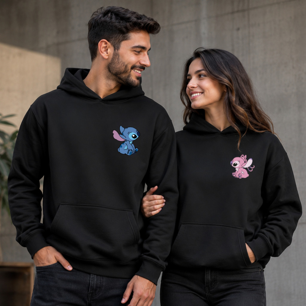 Kit Casal Moletom Lilo Stichi Premium Confortável Em Algodão Estilo Canguru