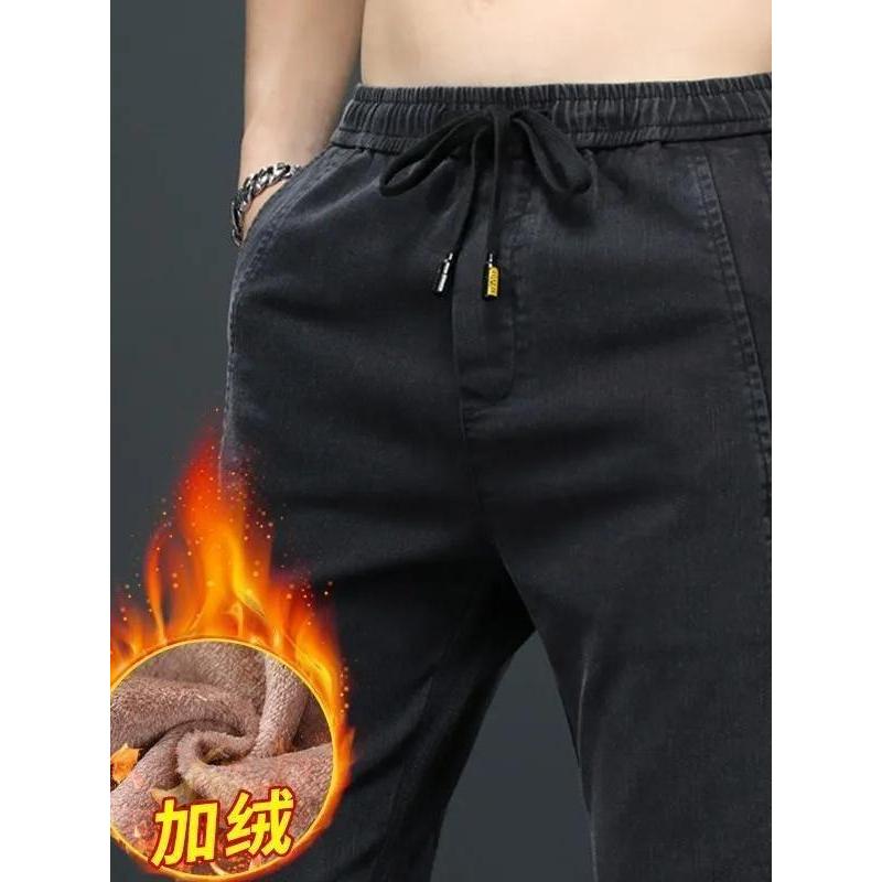 Stretch velo forro Jeans masculino outono inverno forro de lã espessamento Casual magro-ajuste calças magras cintura elá
