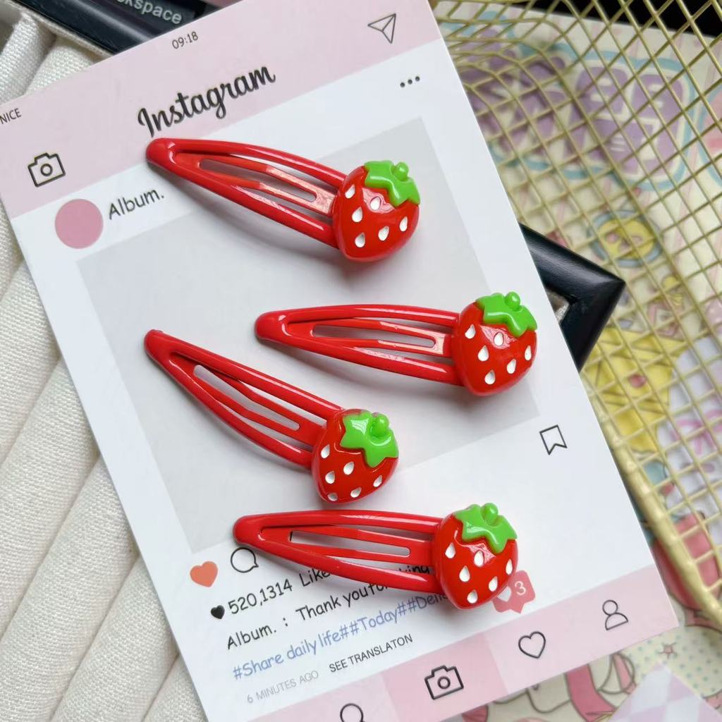 Presilhas de cabelo fofas com decoração de franja para crianças, presilhas de cabelo vermelhas com morangos para meninas