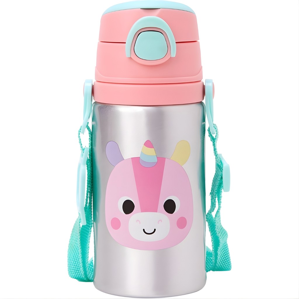 Garrafinha de Alumínio Infantil Buba Zoo Unicórnio 450ml com Canudo e Alça Tampa com Trava 22170