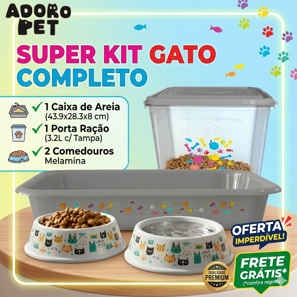 Kit Gato Cinza para Filhotes e Adultos com Bandeja Sanitária Porta Ração e Comedouros Premium