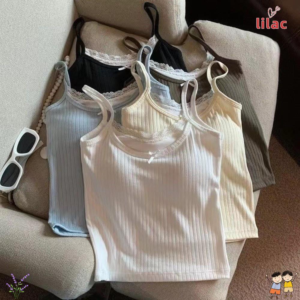 LILAC Top Cami De Renda , Regata De Malha Canelada Com Alças Finas E , Camisola De Cor Sólida Slim Fit