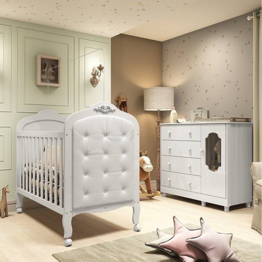 Quarto de Bebê com Berço 3 em 1 com Capitonê e Cômoda 100% MDF Maya Provençal Yescasa Branco/Brilho Branco Brilho