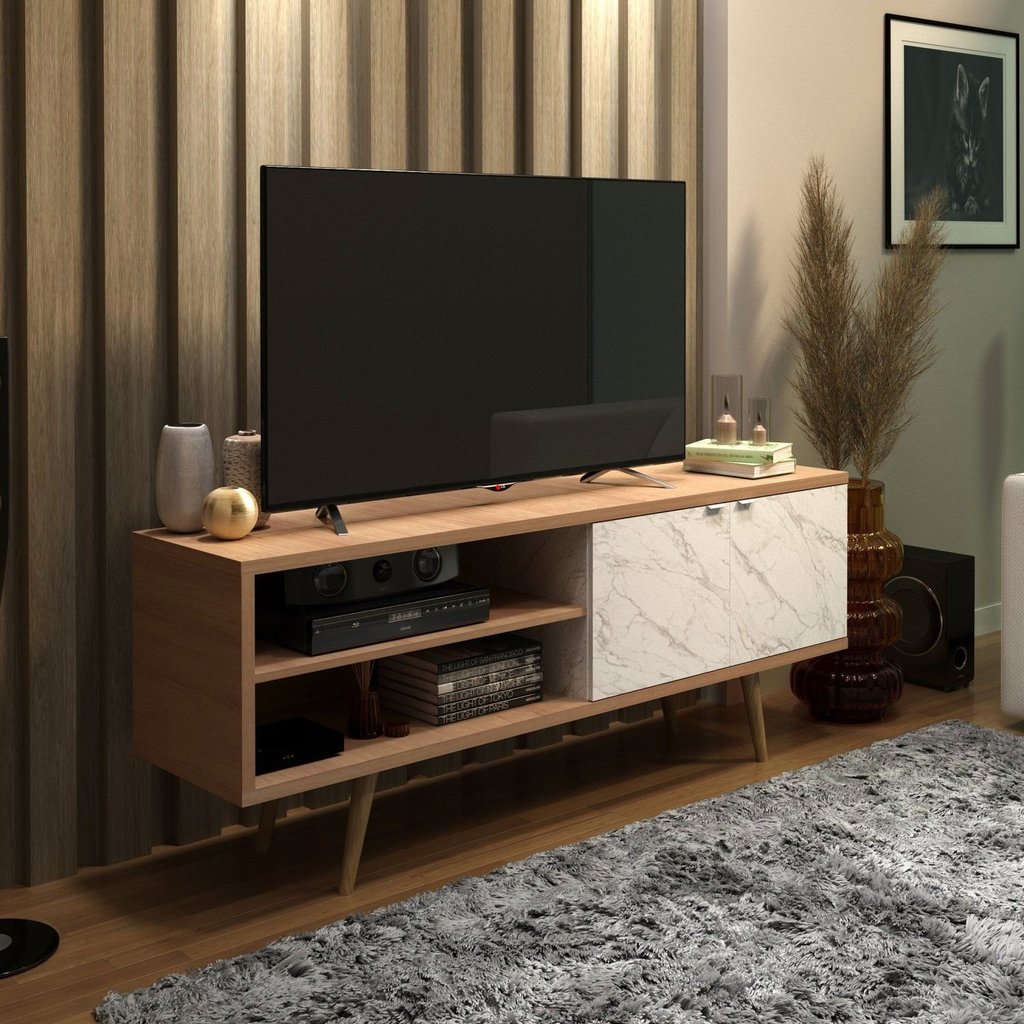 Rack para TV até 55 Polegadas 160cm Pés em Madeira Maciça 2 Portas R1482 Marrom Amêndoa/Mármore Branco