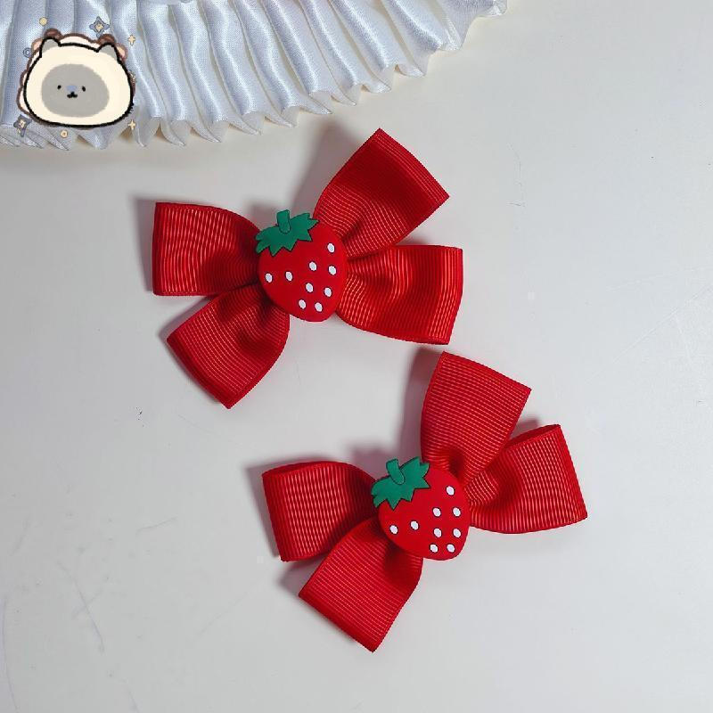 Grampos De Cabelo Com Laço De Morango Para Meninas , Presilhas Fita Vermelha De 8 Cm , Bico De Pato Design De Frutas Fof