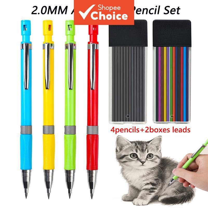 Conjunto de Lápis Mecânicos 2.0mm com Apontador Integrado, Grafite Automático para Escrita, Material Escolar e de