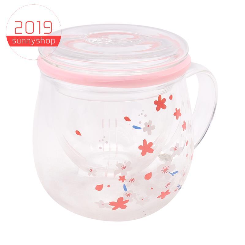 [Bestseller S] Caneca De Vidro Com Filtro Infusor De Chá E Tampa Conjunto De Copo De Flores De Cerejeira Xícara 300Ml Óc