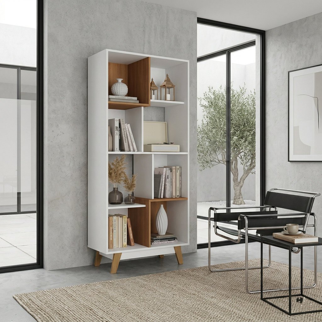 Estante de Livros 83,8CMX181CM Pés em Madeira Maciça 8 Nichos Yescasa Branco/Nogal Branco/Nogal