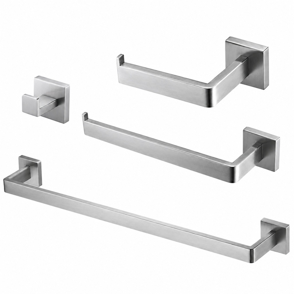 Kit Banheiro 4 Peças Inox Escovado Quadrado Luxo Toalheiro Papeleira Gancho Porta Toalha Premium