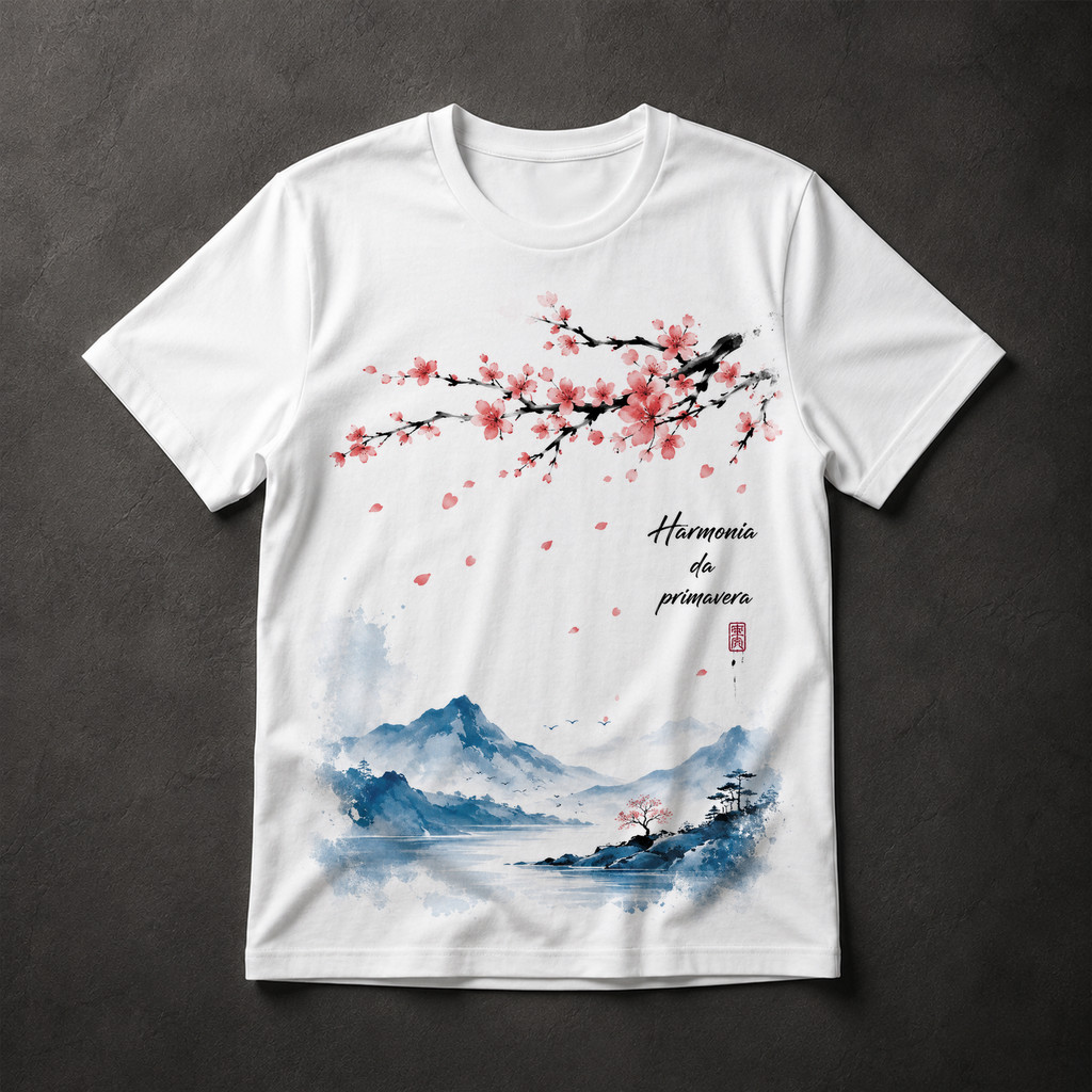 Camiseta Masculina Cerejeira Japonesa Aquarela Harmonia Primavera Oriental Flor Rosa