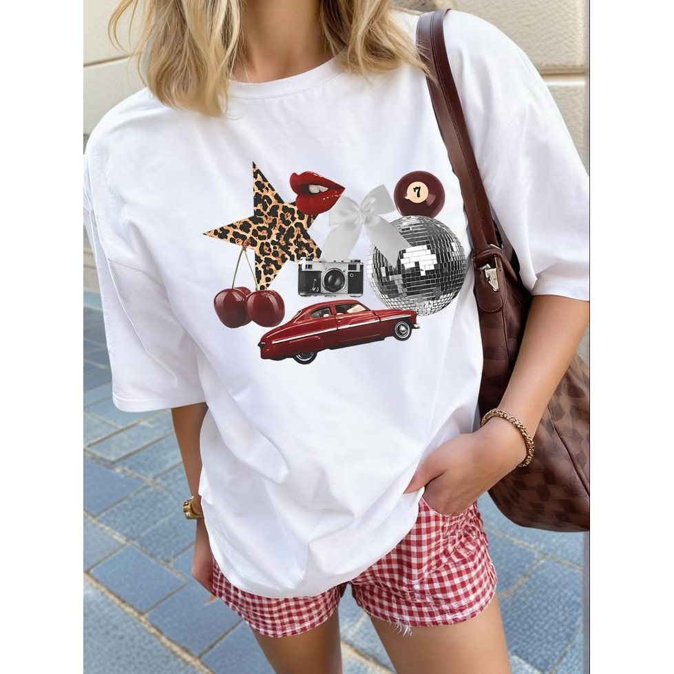 「BR.Moonlight」Camiseta Feminina Estampa Estrelas Cerejas Jazz Linda Confortável Moderna Moda Feminina