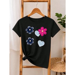Camiseta Feminina 100% Algodão Estampa Flores 3D e Corações Casual Manga Curta Gola Redonda Confortável