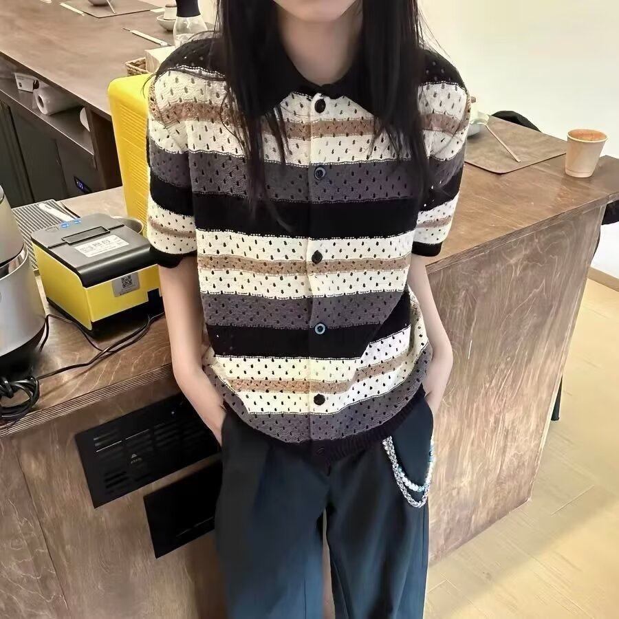 Oco gola polo genuíno ombro listrado manga curta camiseta feminina verão crochê malha Cardigan exterior Wear único nós
