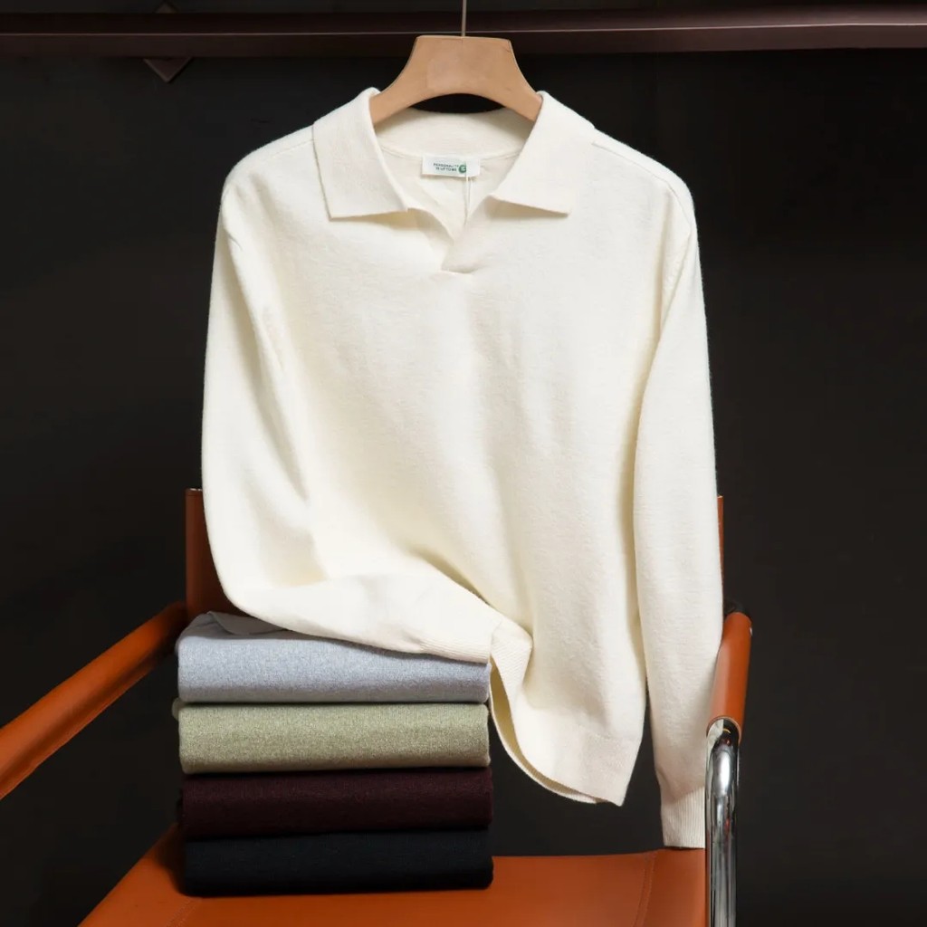 Suéter masculino com gola polo temperamento estilo dinheiro antigo outono inverno moda Casual suéter com decote em V de 