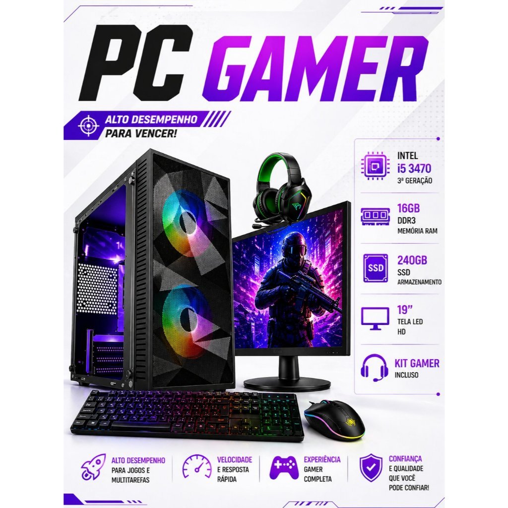 PC GAMER INTEL I5 3470- SSD 240GB - MONITOR 19'' - KIT GAMER: TECLADO, MOUSE E HEADSET
