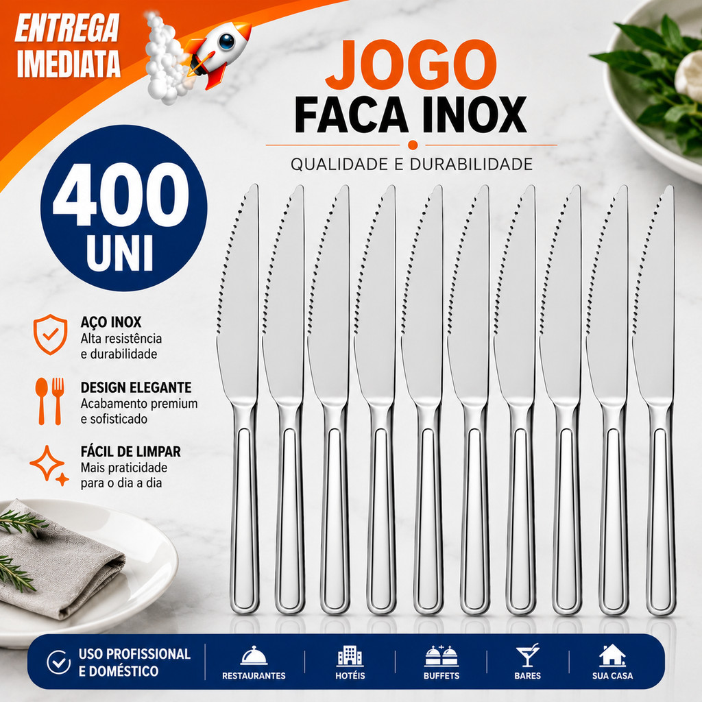 Kit 400/200/100 Facas Grande Aço Inox Luxo Refeições Buffet Restaurante Hotel Cozinha Profissional e Doméstica