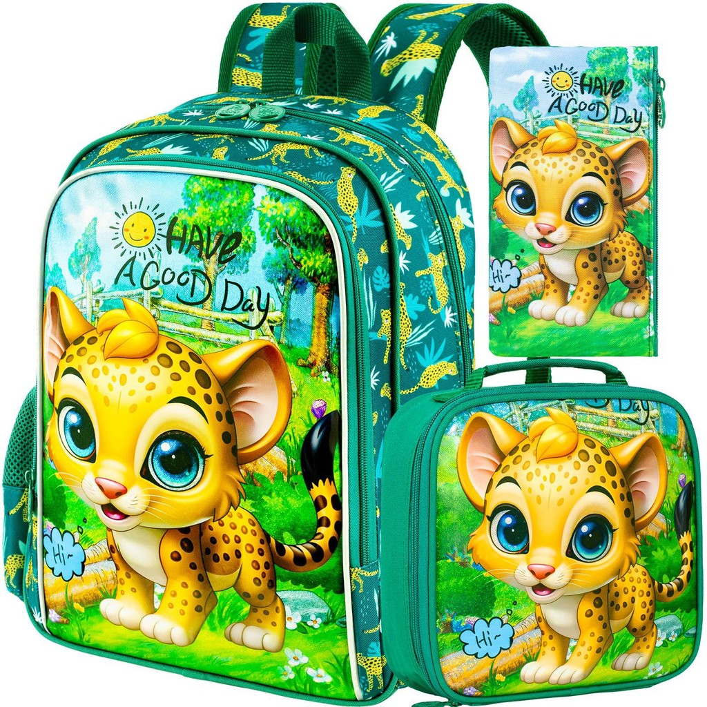 Leopardo Kit de mochila escolar infantil 5 a 10 anos meninos estudantes Lancheira térmica estojo para lápis verde