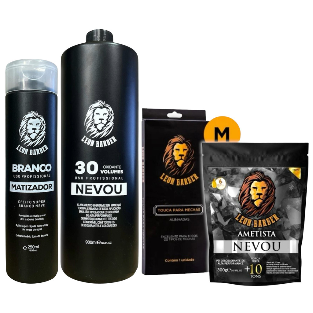 Kit Touca M + Pó Descolorante Ametista 300g + Matizador 250ml + Água Oxigenada 900ml (30 Volumes) – Leon Barber