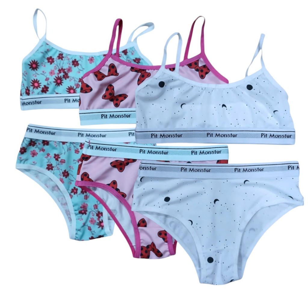 Kit 2 à 4 Conjunto Infantil Estampado Top sem Bojo e sem Aro + Calcinha Conforto Diário 8 a 12 Anos