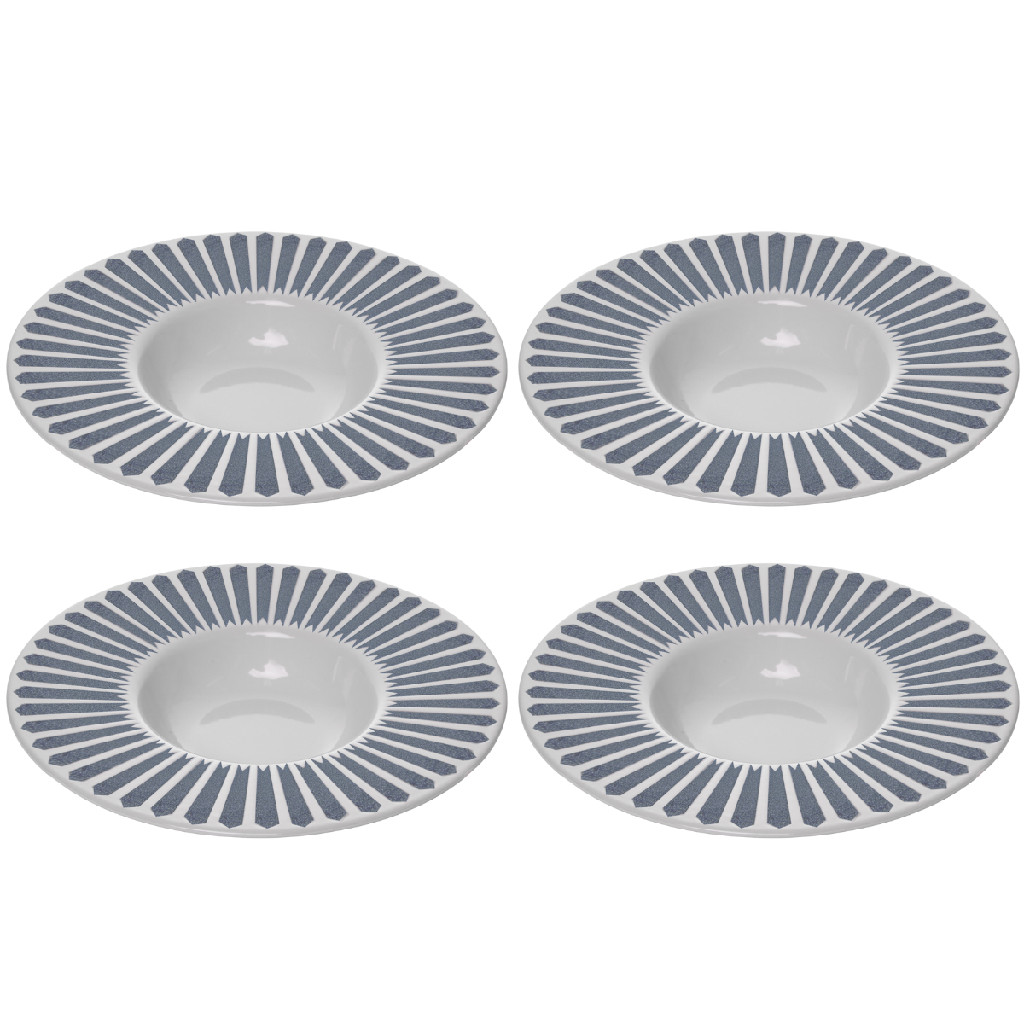 Kit 4 Pratos Risoto Wolff Mediterrâneo Almoço Janta Mesa Posta Grande Branco Listrado Grego Requintado Piscina Massas