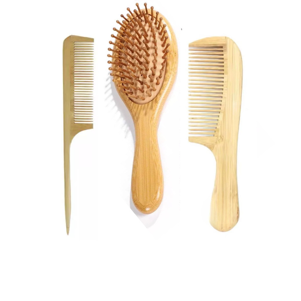 Kit Capilar Natural – 1 Escova Raquete de Bambu Natural Antiestática + 2 Pentes Anti-Estáticos