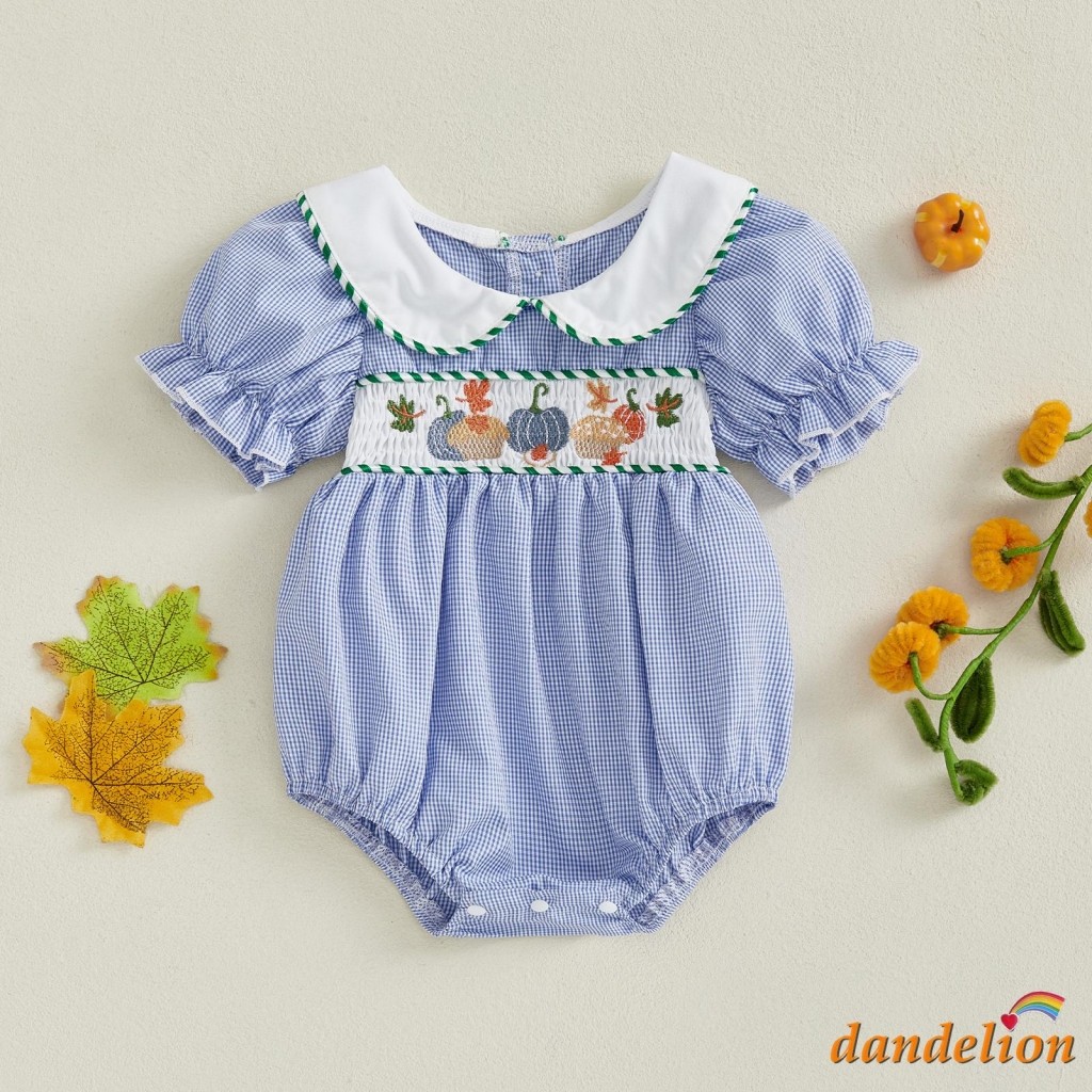 Macacão Para Bebês Meninas – Manga Curta Gola Boneca Xadrez Bordado Abóbora Verão Roupas De Halloween