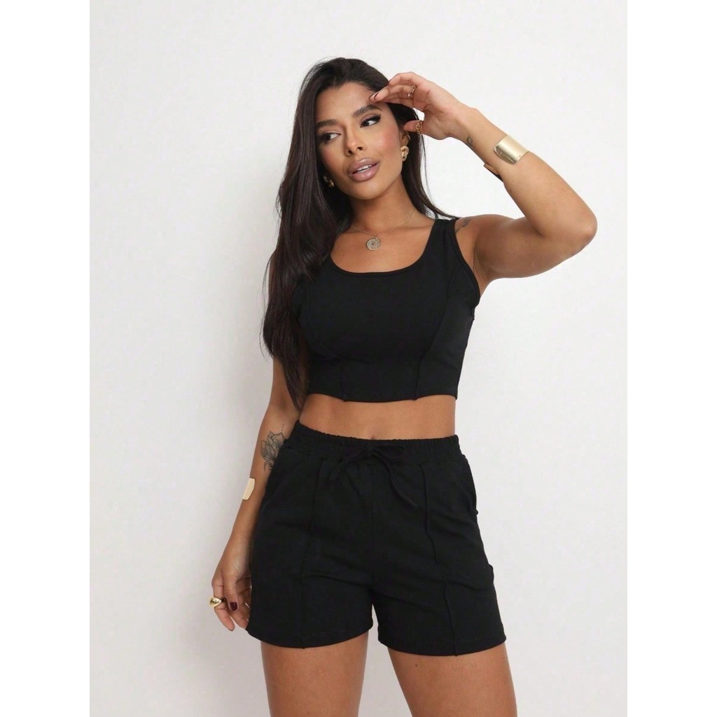 Conjunto Feminino Moletinho Cropped Regata com Short Confortável