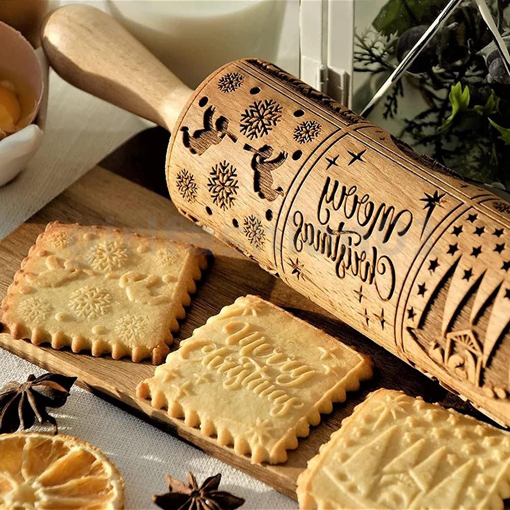 Rolo De Massa Em Relevo De Madeira Padrão De Presépio Natal Gravação Gravado Com 9 Cenas Diferentes Para Assar Biscoitos