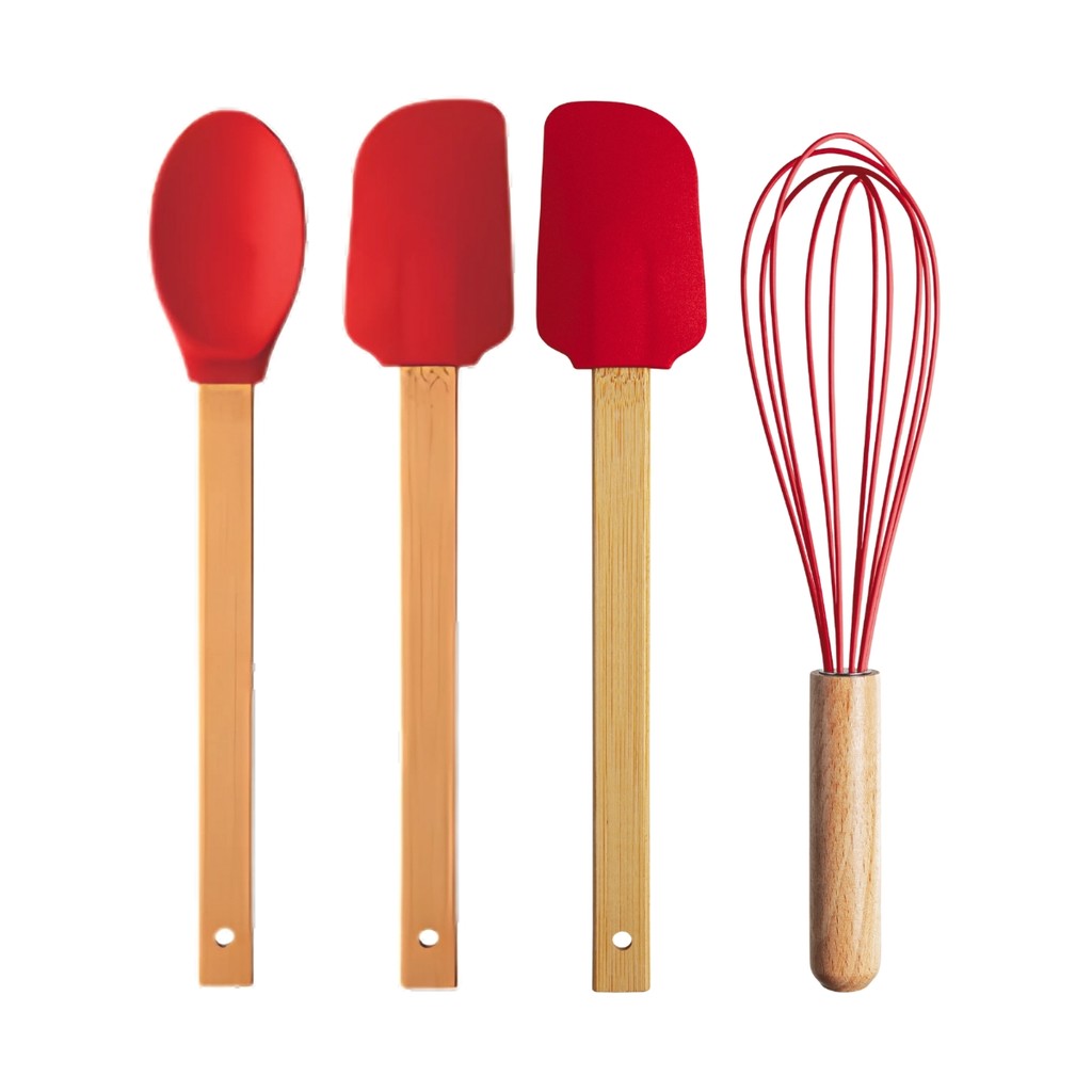 Kit Utensílios Cozinha Silicone Cabo Bambu 4 Peças Colher Espátula Fue Antirrisco - Cores