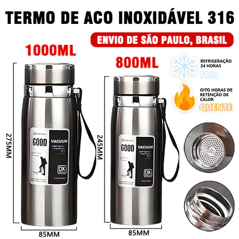Garrafa 800ml/1000ml Inox Térmica Com Infusor Prata Dourada De Água Café Parede Dupla Com Alça-Para envio imediato
