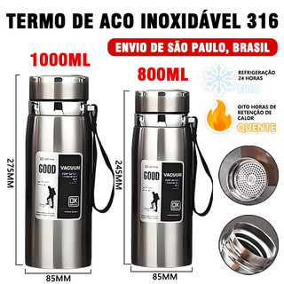 Garrafa 800ml/1000ml Inox Térmica Com Infusor Prata Dourada De Água Café Parede Dupla Com…