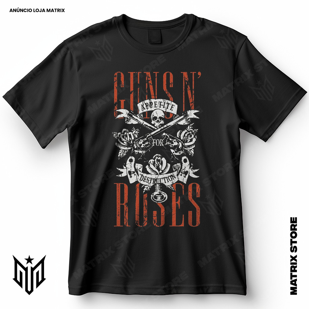 Camisa Banda Guns N Roses Appetite Destruction Vintage Blusa Camiseta de Rock 100% Algodão em Oferta na Shopee