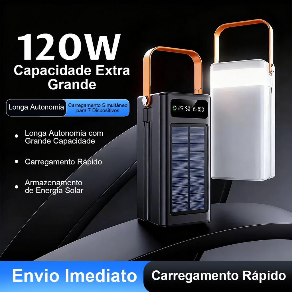 Carregamento solar com cabo, banco de energia portátil de grande capacidade, 50000mAh