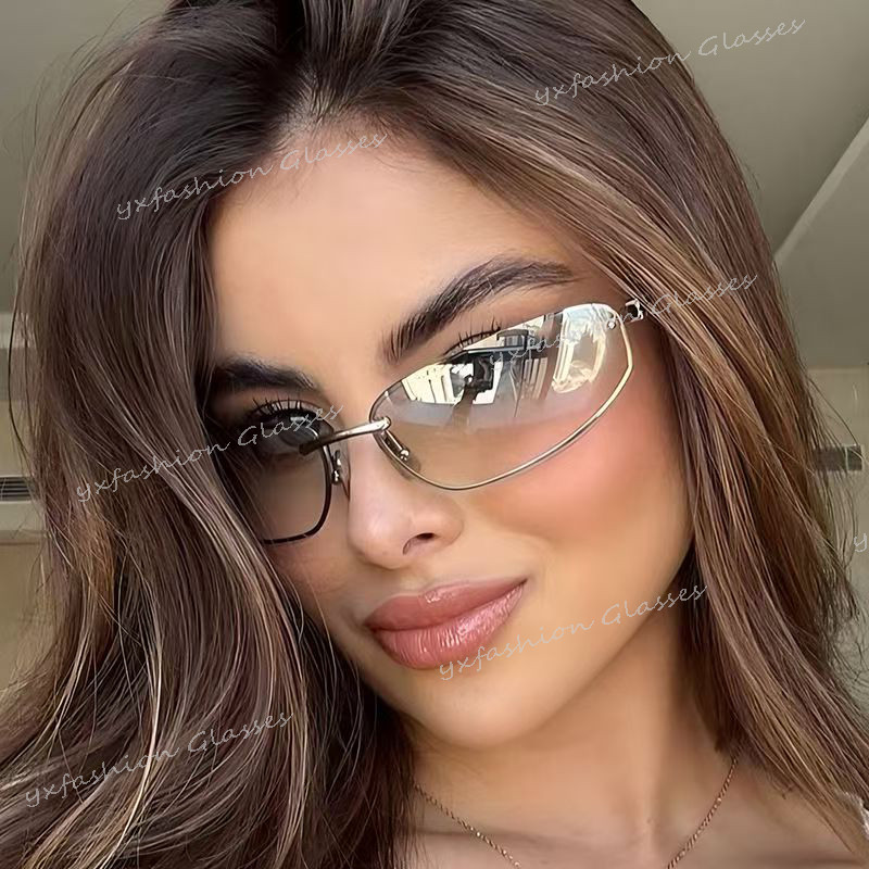 Óculos De Sol Femininos De Alta Qualidade , Metal , Sem Moldura , Oval , Estilo Y2K , Resistentes A UV em Oferta na Shopee