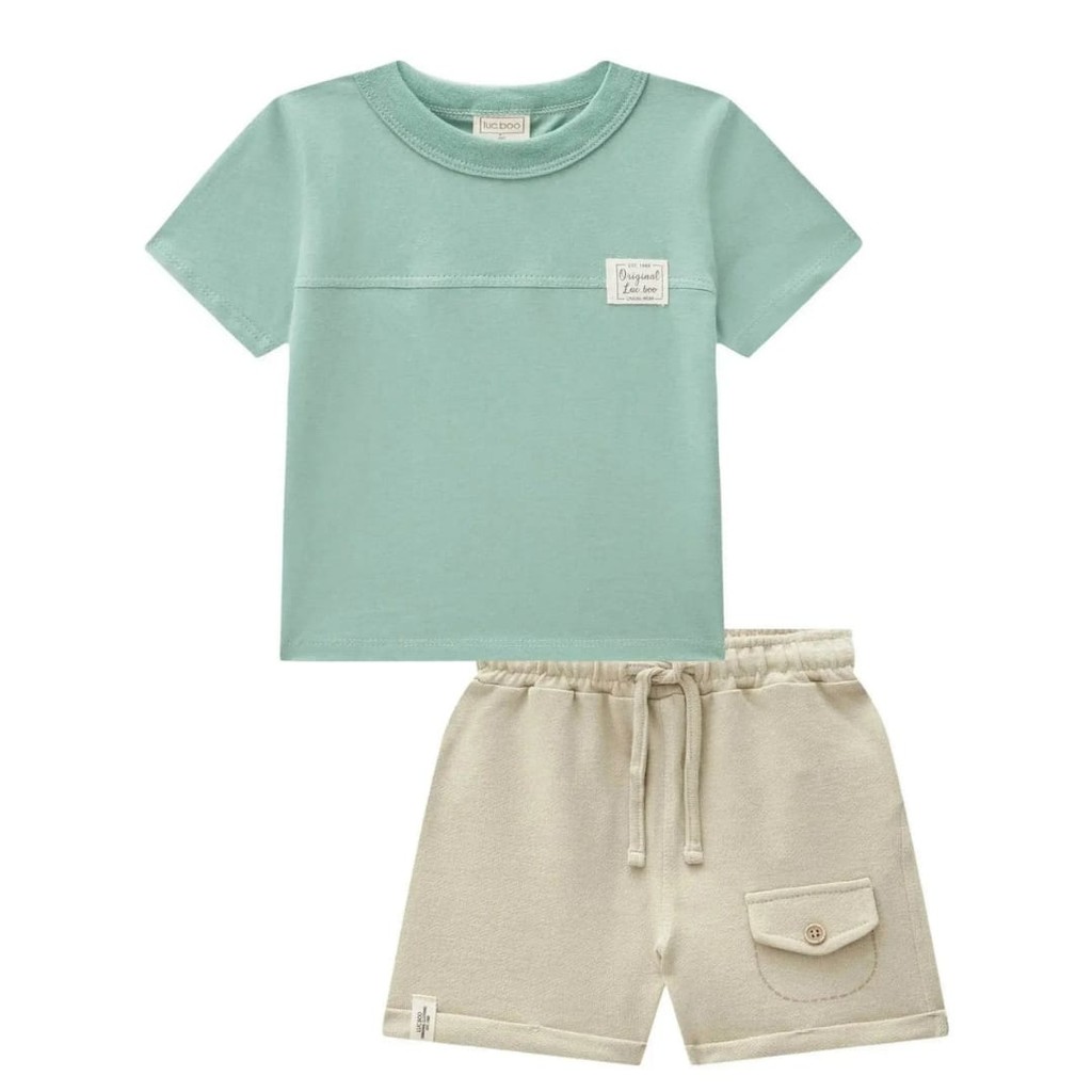 Conjunto Bebê Menino Camiseta Meia Malha e Bermuda em Moletwill  LucBoo