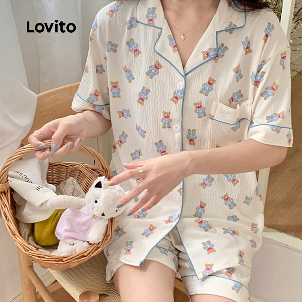 Detalhes do Lovito Pijama Casual 2 Peças, Confortável e para Uso ao Ar Livre, Primavera/Verão, Mulheres LNE1132X045