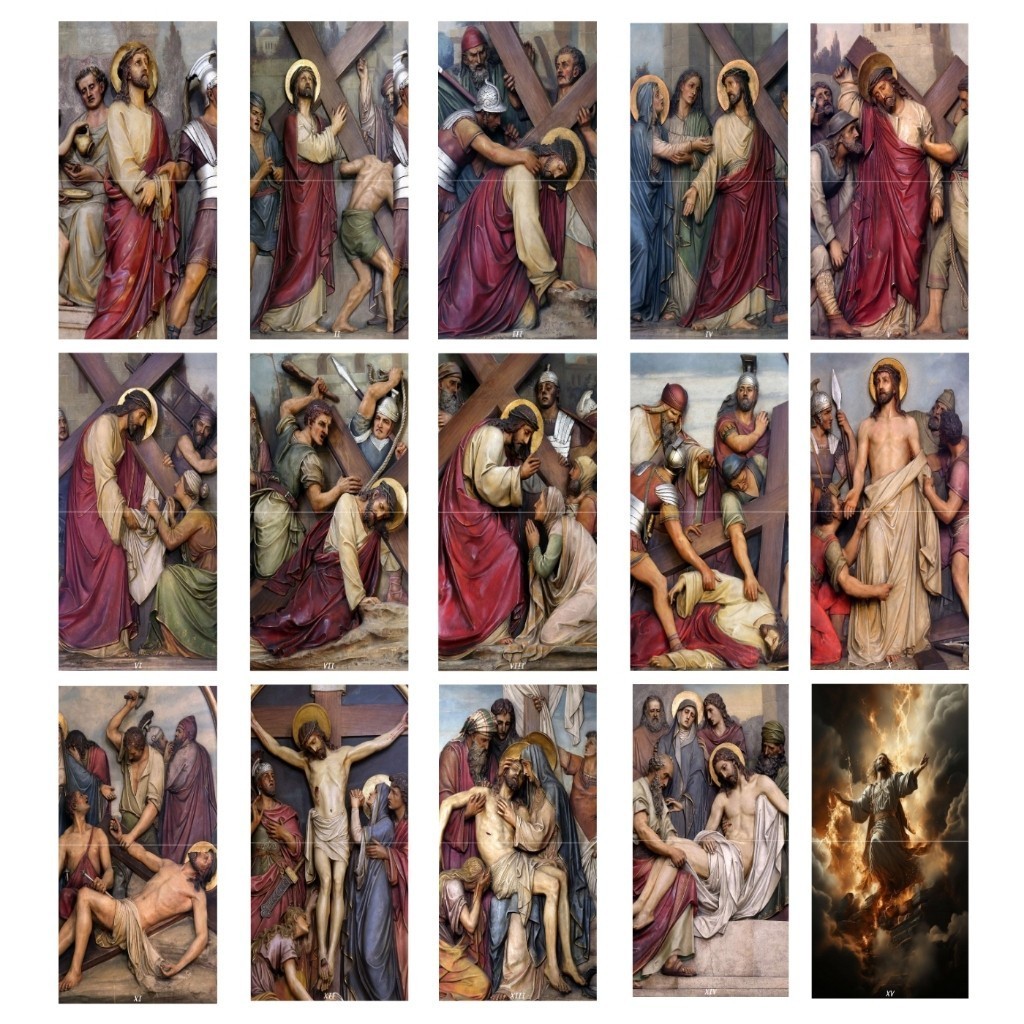 Kit Quadros Via Sacra Em Azulejo 15 Estações 20x40cm decorativo religioso católico presente