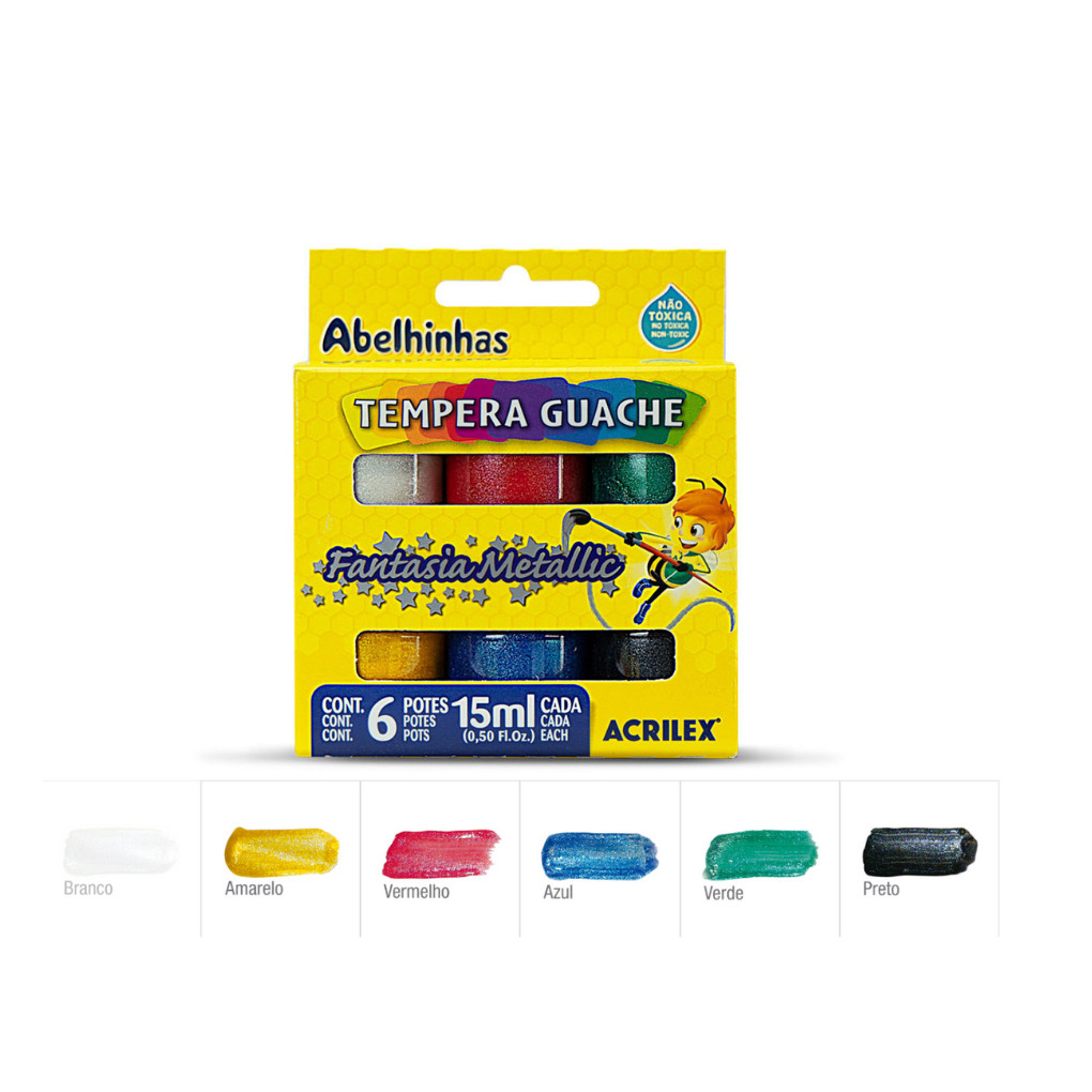 Tinta Guache Fantasia Glitter e Metallic 15ml 6 Cores - Acrilex