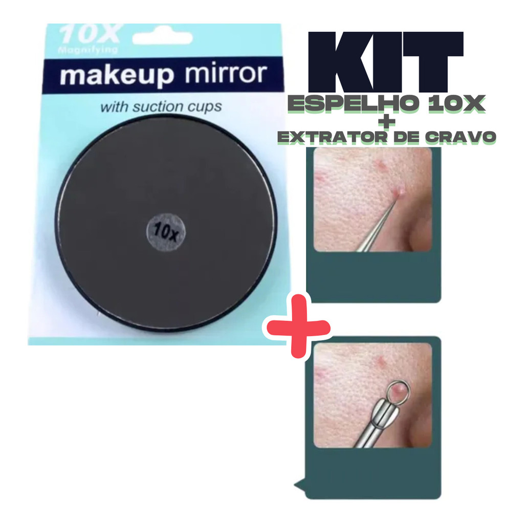 Kit Espelho Lente Aumento 10x + 4 Pinça Extrator De Cravos Preto