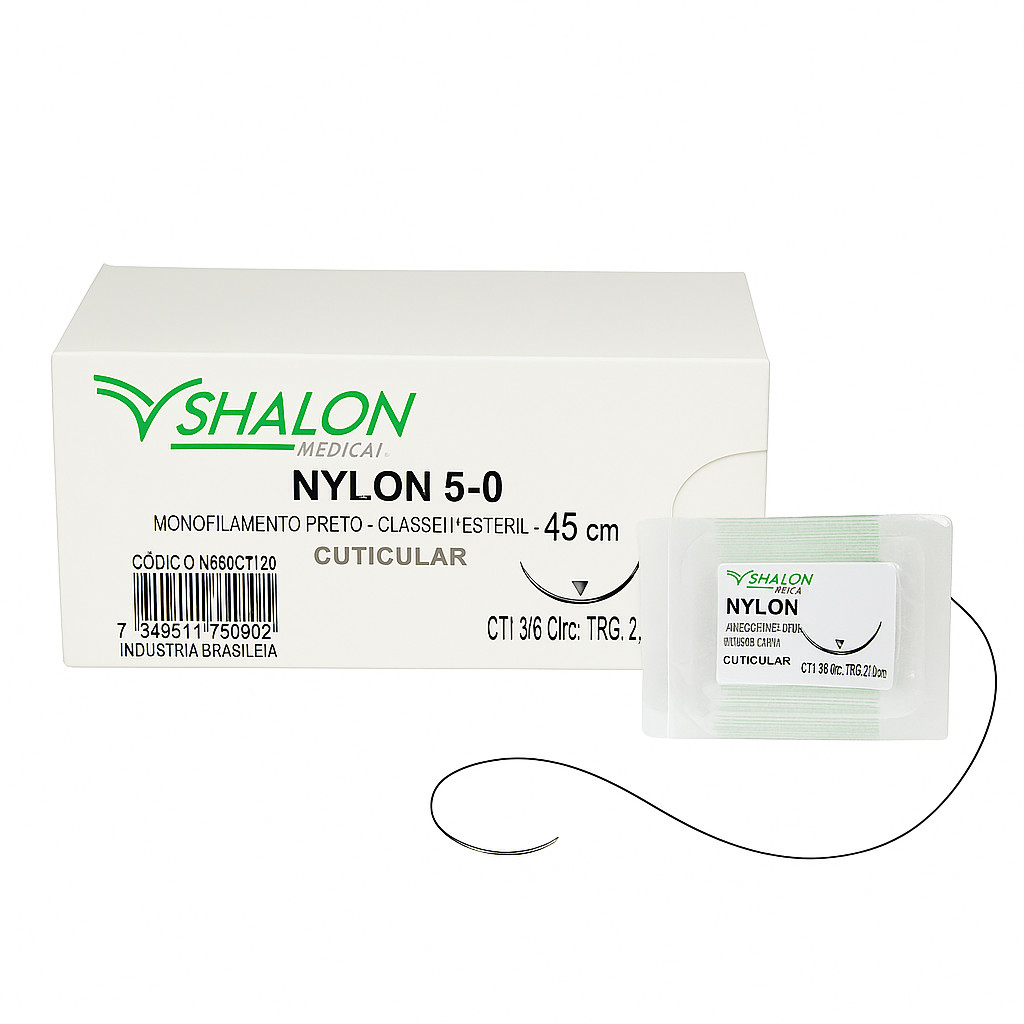 Fio de sutura Nylon Monofilamento Preto 5-0 c/ agulha 2cm