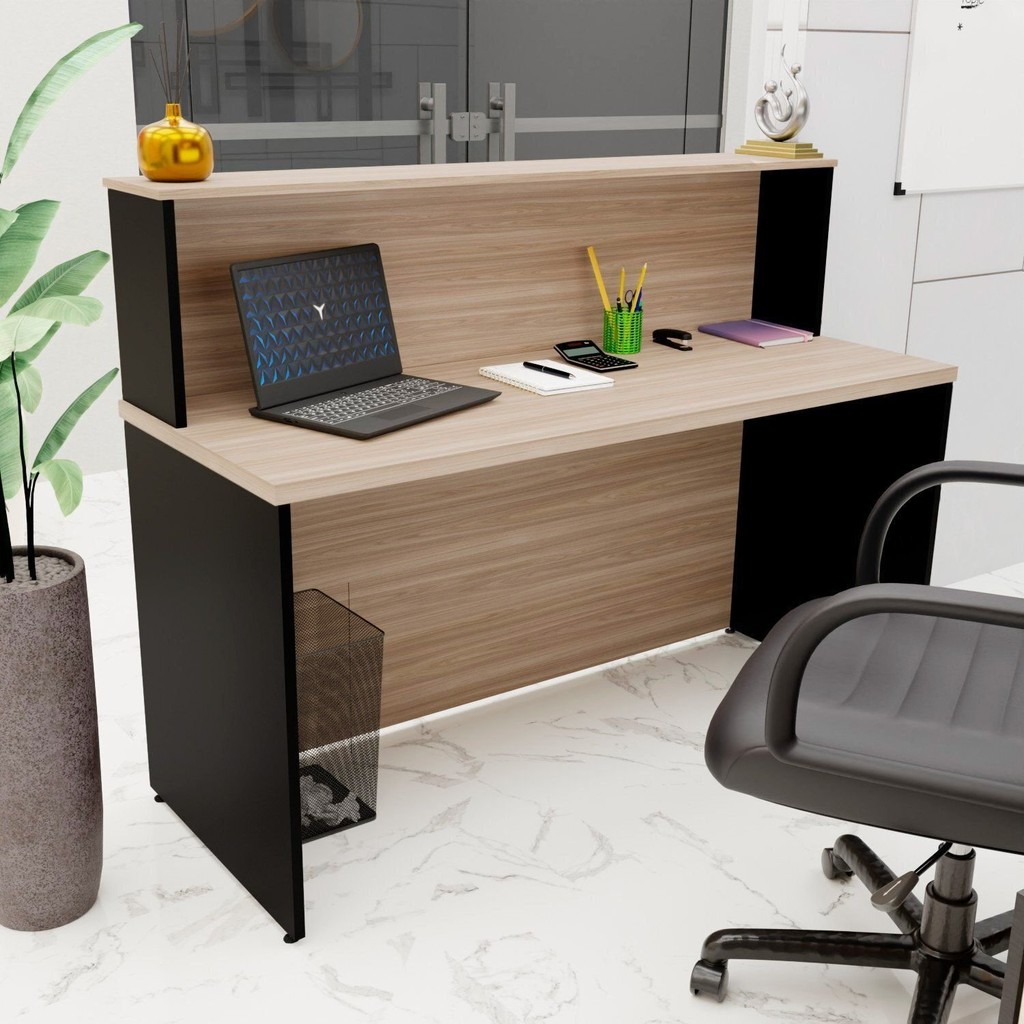 Balcão Atendimento Recepção Consultório 140x60cm Carvalho/Preto em Oferta na Shopee