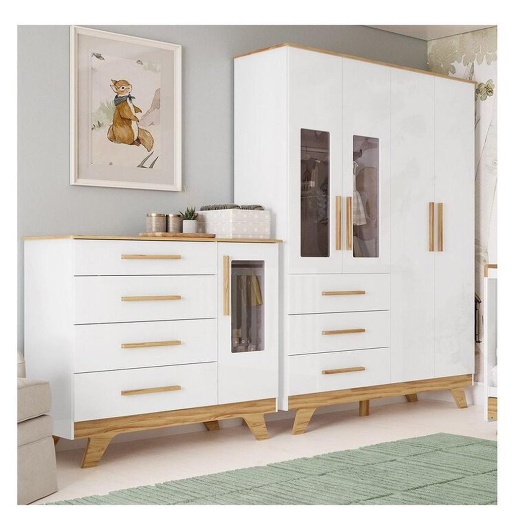 Quarto Infantil com Guarda-Roupa e Cômoda com Janelas 100% MDF Retrô Kakau Espresso Móveis Branco/Brilho/Amêndoa