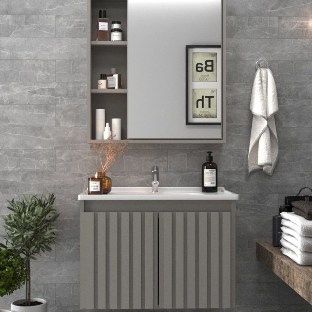 Conjunto Gabinete para Banheiro com Espelheira Alpes 60 Cimento em Oferta na Shopee