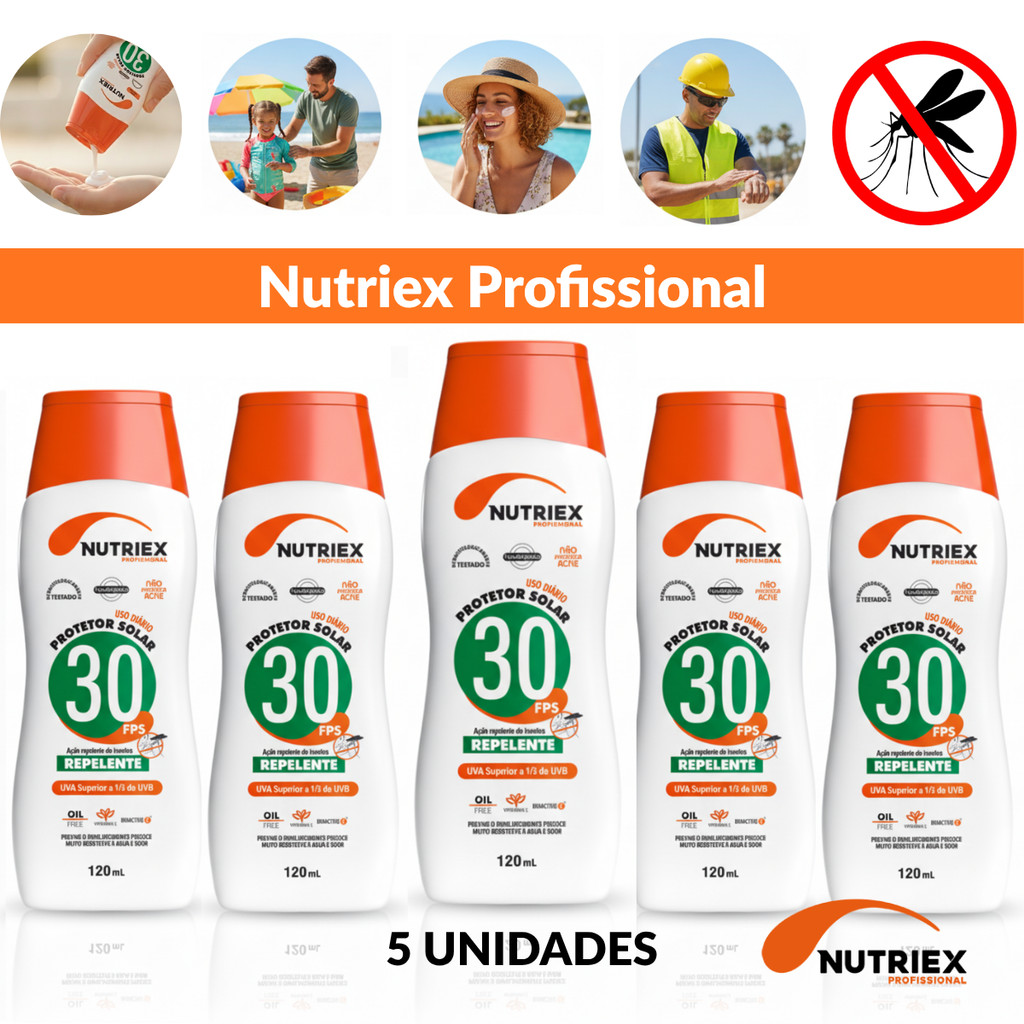 Kit 5 Protetor Solar Nutriex Fps 30 Repelente 120ml Anti Envelhecimento Não Oleoso Não Esbranquiça